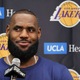 LeBron James #6 of the Los Angeles Lakers smiles during a news conference after a preseason game against the Phoenix Suns at T-Mobile Arena on October 05, 2022, in Las Vegas, Nevada. The Suns defeated the Lakers 119-115.